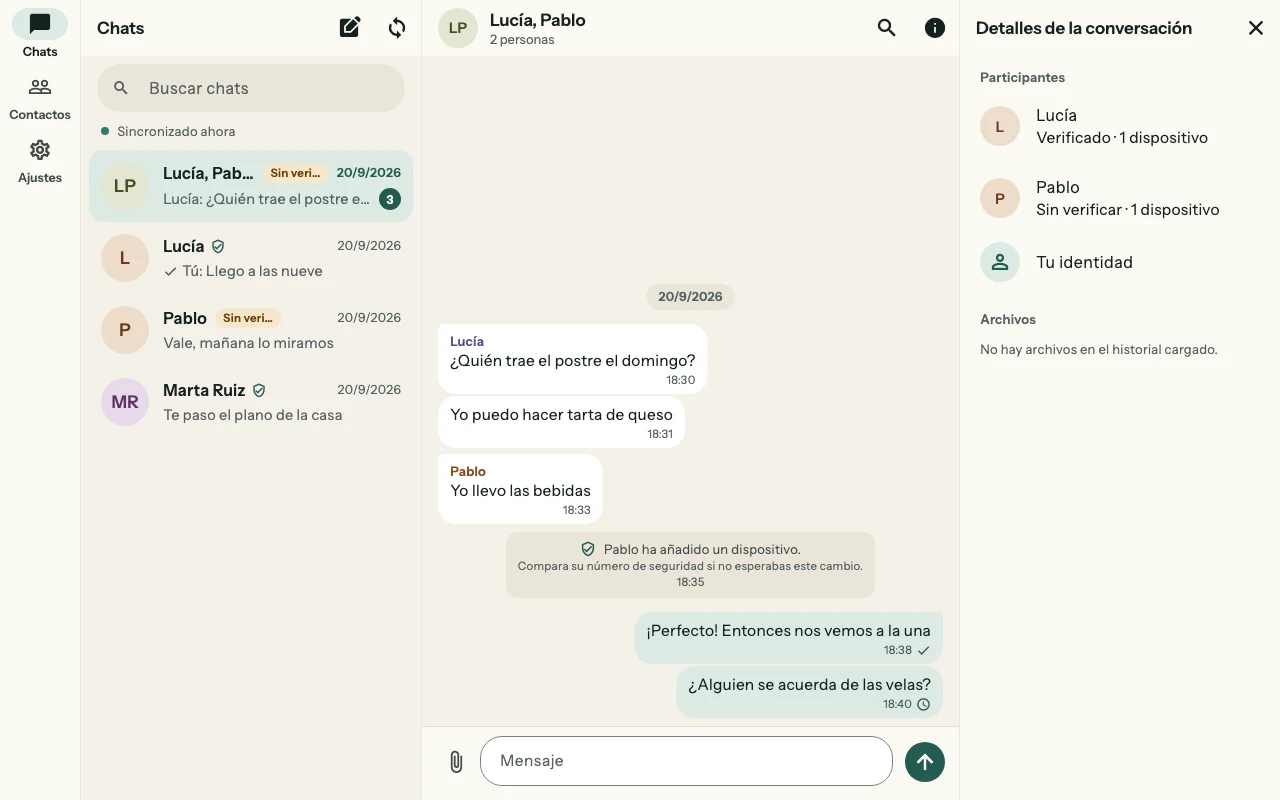 Arveil on macOS: chat list, an open group conversation and its details, showing one verified and one unverified participant.