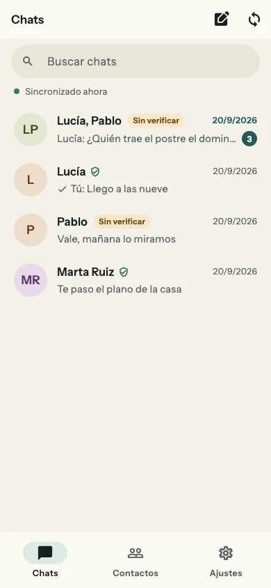 Arveil on a phone: the chat list, with two verified contacts and a group conversation.